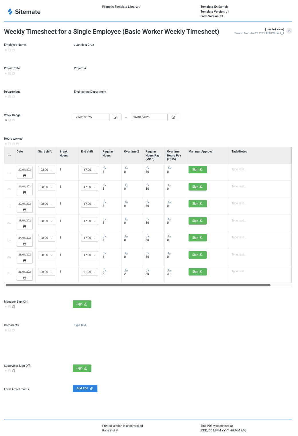 Weekly Timesheet for a Single Employee (Basic Worker Weekly Timesheet)